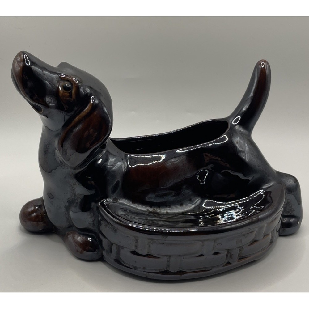 MCM Brown Ceramic Dachshund Vase Planter Doxie Weiner Dog Figural Japan 9"x6"